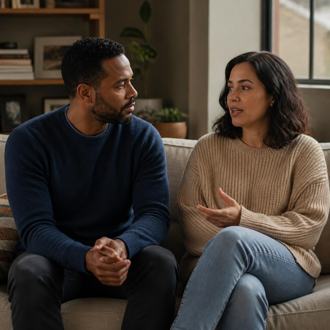 Casal adulto sentado no sofá conversando com atenção